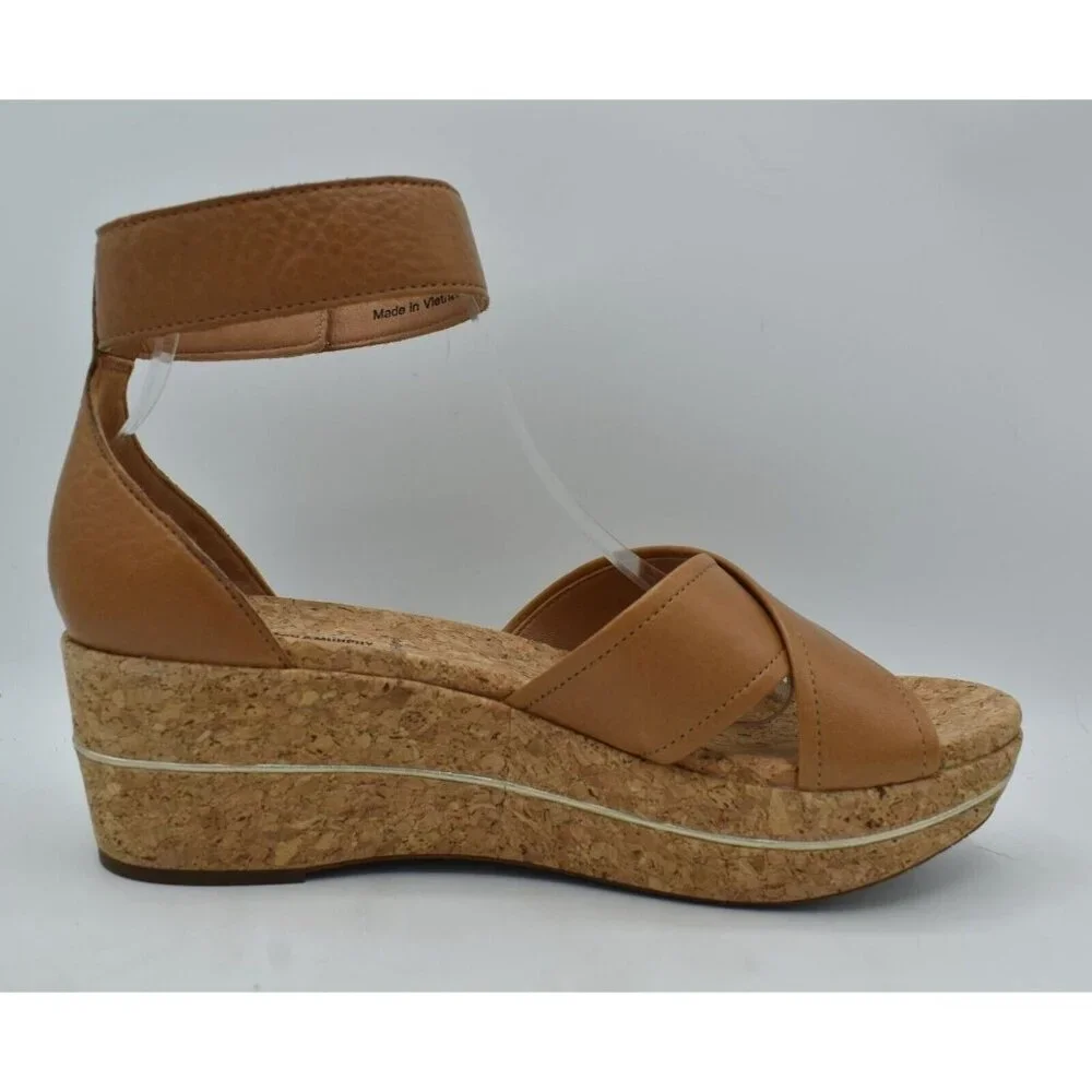 Johnston & Murphy Womens Size 9.5 Gigi Cross Band Tan Leather‎ Platform Sandals